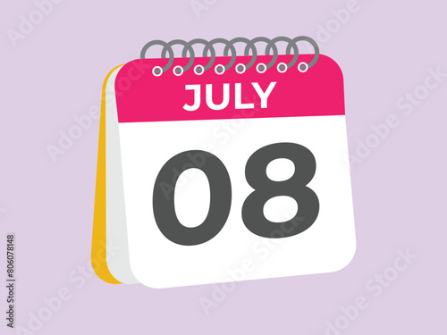 July 8 calendar reminder. 8 July daily calendar icon template. Calendar 8 July icon Design template. Vector illustration
