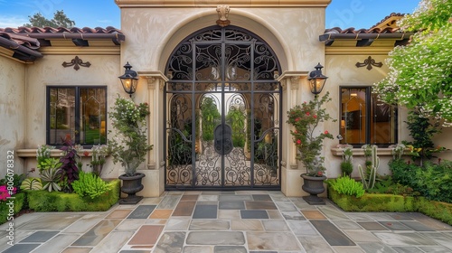 Double doors with wrought iron details and sidelights
