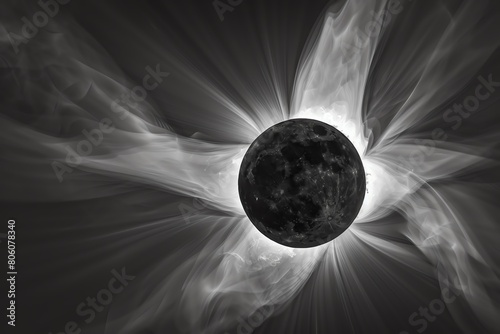 Closeup of a solar eclipse, realistic, intense corona, stark contrast