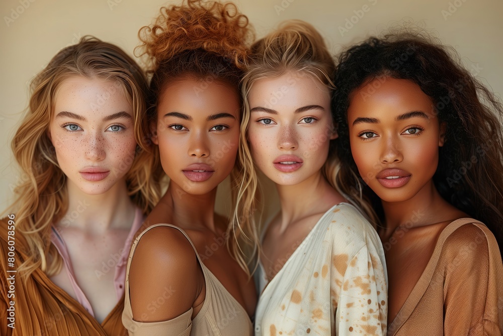 Fototapeta premium Portrait of attractive models with different skin tones on a light beige background