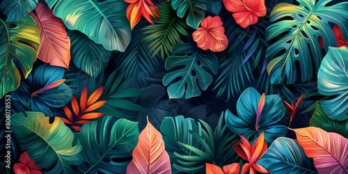 Colorful background with tropical leaves and plants