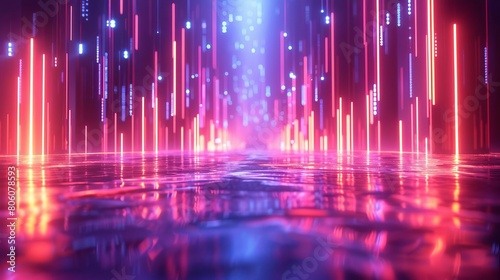 3D rendering of an abstract neon background with vertical glowing lines ascending towards an unseen horizon, creating a sense of infinite growth in a digital space photo