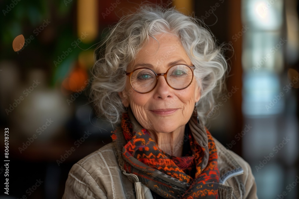 Portrait of a stylish elderly woman looking at the camera and smiling. Street on blurred background Portrait of a stylish elderly woman looking at the camera and smiling. Street on blurred background
