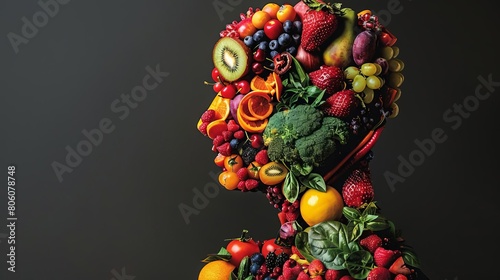 Artistic image of a human body outline crafted from colorful fruits and vegetables, highlighting the role of natural foods in enhancing metabolism