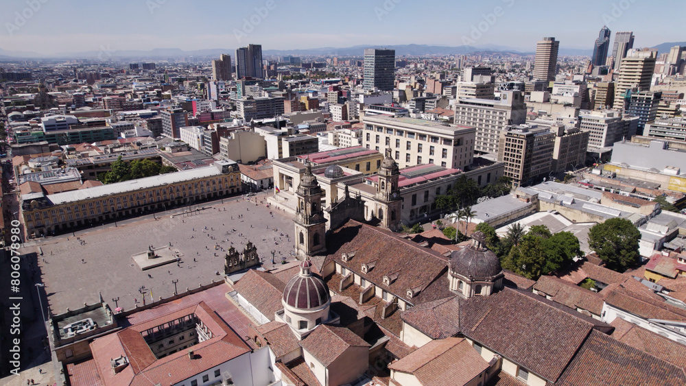 Aerial of Catedral Primada de Colombia and Plaza de Bolívar, in Bogota