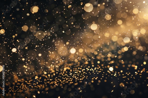 Shiny golden glitter falling down on black background. Bokeh effect