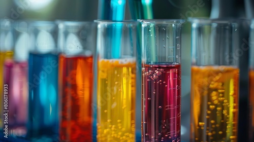 Closeup image of a row of colorful liquids in test tubes set against the backdrop of a wellequipped laboratory, emphasizing the concept of biochemical studies