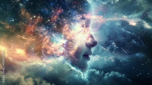 Surreal depiction of a woman's face merging with a cosmic backdrop representing concepts of fantasy and dreams