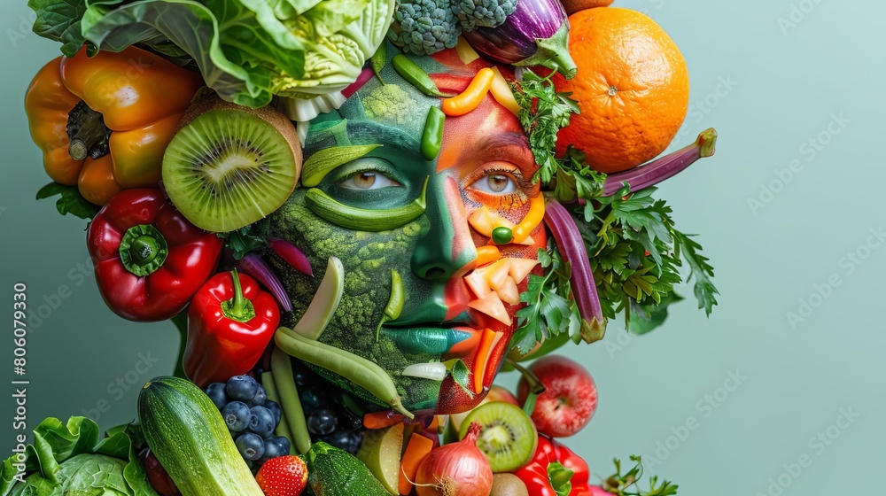 Closeup stock photo illustrating a composition of various fruits and vegetables configured into a human form, aimed at promoting metabolic health awareness