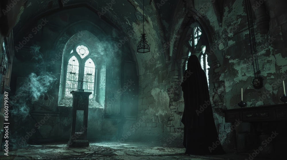 Mysterious Gothic Church Interior with Cloaked Figures, Stained Glass, and Antique Decor