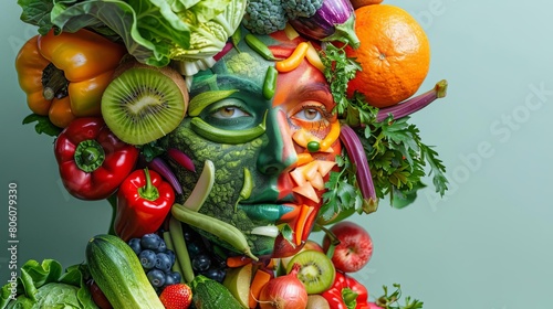 Closeup stock photo illustrating a composition of various fruits and vegetables configured into a human form, aimed at promoting metabolic health awareness © Sodapeaw