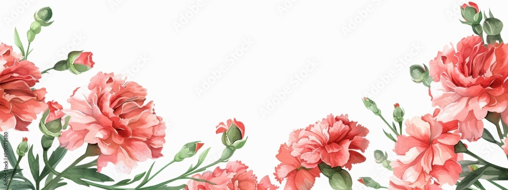 Coral pink carnations frame border, white background, watercolor style.