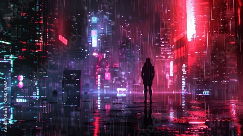 Noisefree scene featuring a silhouette standing in a rainy, neoninfused futuristic cityscape, embodying isolation