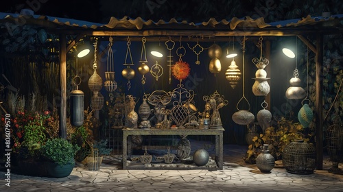 An artistic setup of a night market stand selling unique metal sculptures and garden ornaments, highlighted by spotlight lighting.