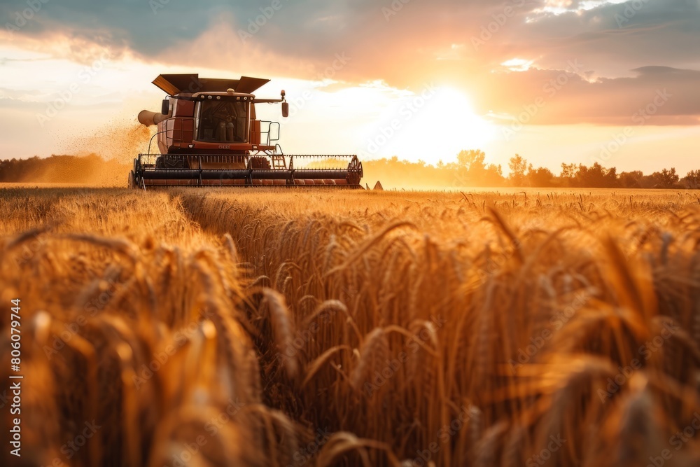 Fototapeta premium Seasonal wheat harvest by combine, concept of agricultural business, eco products 