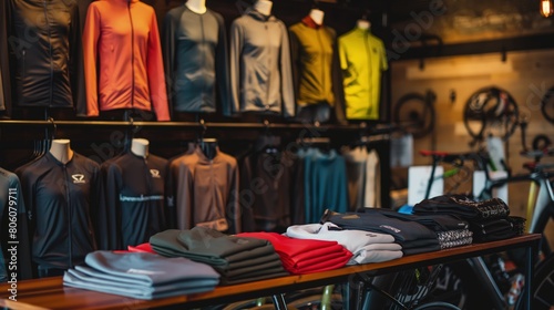 An assortment of fashionable and functional cycling apparel made from lightweight fabrics, displayed in a minimalist urban bike shop.