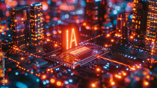 On top of a sophisticated chip, there is a hologram consisting of two letters "AI", Unreal Engine rendering, depth of field effect
