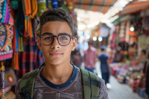 Young North African teenage boy with glasses in vibrant outdoor market photo