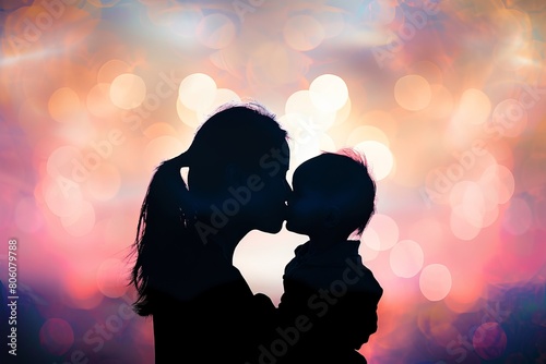 Silhouette of a young mother lovingly kissing her little child 