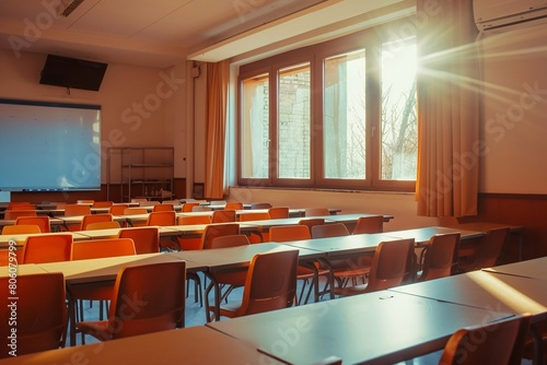 Quiet lecture hall, empty university classroom.