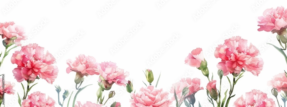Coral pink carnations frame border, white background, watercolor style.