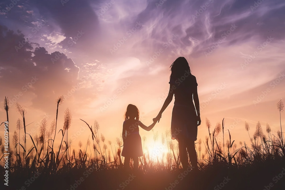 silhouette of mother and daughter holding hands at sunset
