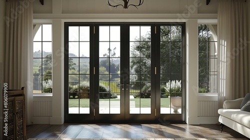 French doors with frosted glass panels and oil-rubbed bronze hardware