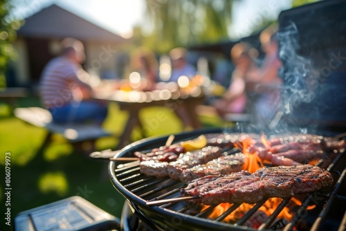 Close-up of a grill during a summer barbecue party with a blurred background of people having fun. Concept of outdoor holiday party at campsite with friends and family with copyspace 