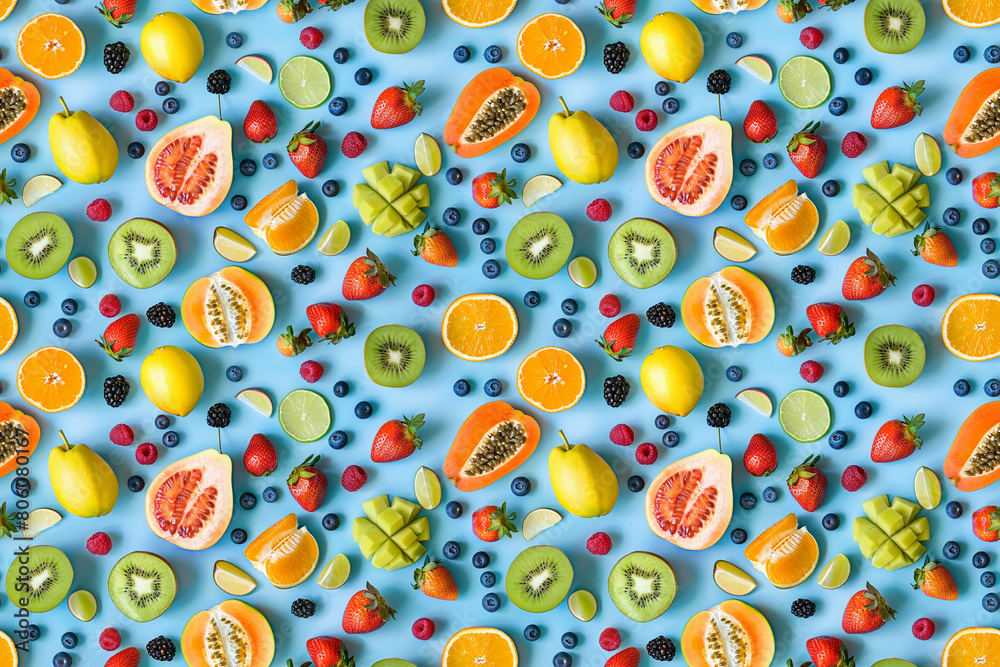 Top view of Colorful pattern of sliced fruits on blue pastel background. Top view of Colorful pattern of sliced fruits on blue pastel background.