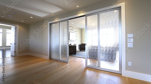 Frosted glass pocket doors with a subtle pattern for added interest