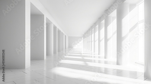 3d Rendering of White Empty Hall, Modern Architecture Background, Minimal Interior Design, The white empty room with sunlight coming from the window, 3d rendering.