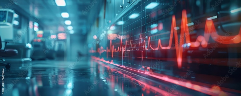 Detailed stock photo of an electrocardiogram ECG tracing the hearts beats, focused on the graph with a subtle medical environment in the background