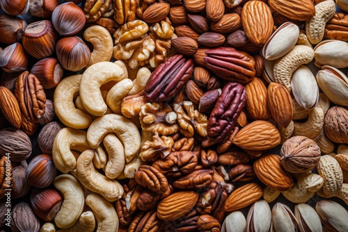 Assorted nuts, cashews, almonds, walnuts, pecans, hazelnuts, close up top view 