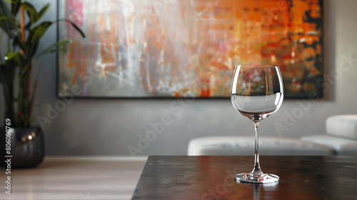 wine glass placed on a sleek, minimalist coffee table, with a contemporary artwork adorning the wall behind