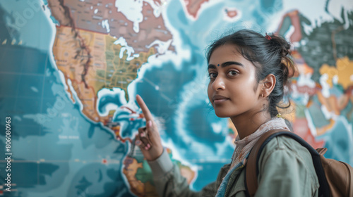 Pensive serious young 20s Indian student girl studying geography global world map on wall, pointing finger at ocean, searching country for vacation travel, thinking on destination