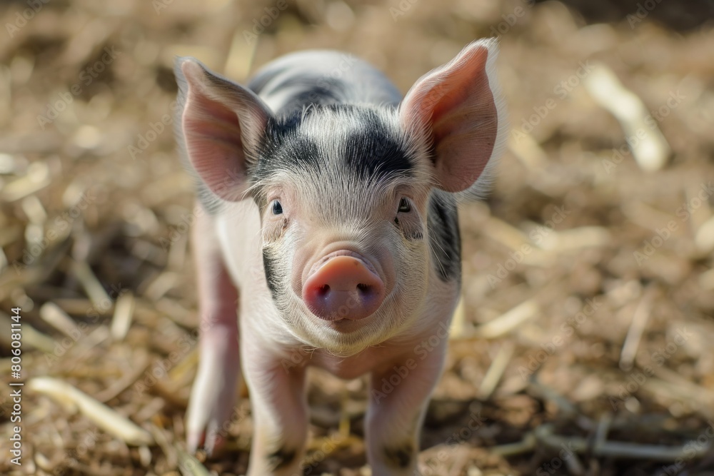 Funny close up portrait of a pig on a wide angle camera
