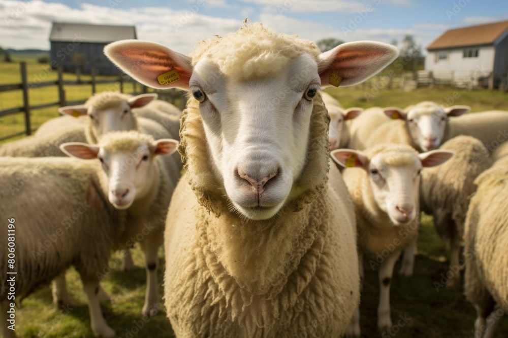 Funny close up portrait of a lamb on a wide angle camera
