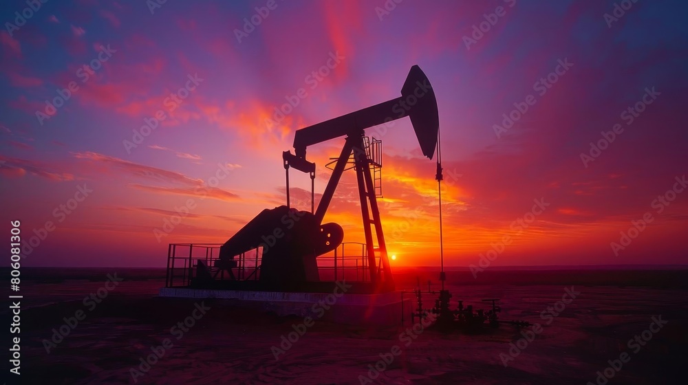 Highresolution image capturing the stark silhouette of an oil pump at sunset, with orange and purple hues in the sky, illustrating the end of a day in the oil fields