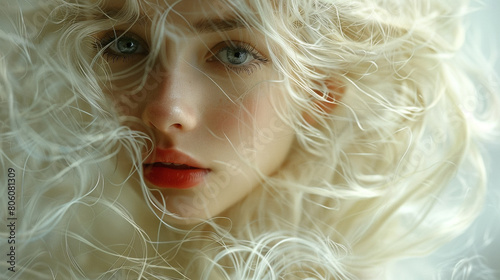 Wisps of ethereal hair floating like delicate threads of silk, framing a face of timeless beauty