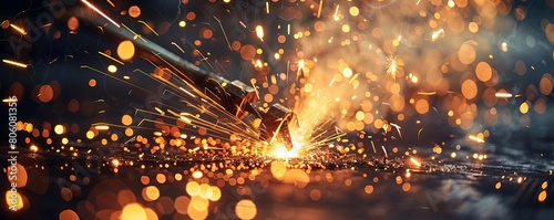 Highresolution image capturing a skilled welder at work, joining metal pieces with a welding torch, highlighting the bright sparks and intense light