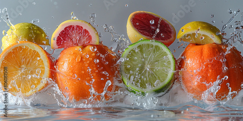 fruits in water. Oranges  lemon and grapefruits in section. Healthy eating. Proper nutrition. Healthy nutritious food concept  vegetarian vegan diet.