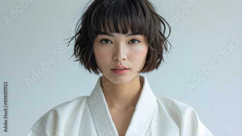 Pixie Cut Beauty: Asian Judo Athlete, Elegant Pixie Hairstyle on Asian Girl, Chic Pixie Look for Beautiful Asian Athlete, Stylish Hairdo: Asian Girl's Pixie Cut