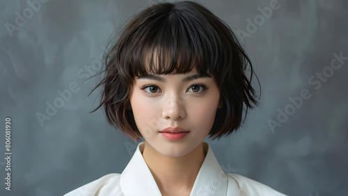 Pixie Cut Beauty: Asian Judo Athlete, Elegant Pixie Hairstyle on Asian Girl, Chic Pixie Look for Beautiful Asian Athlete, Stylish Hairdo: Asian Girl's Pixie Cut
