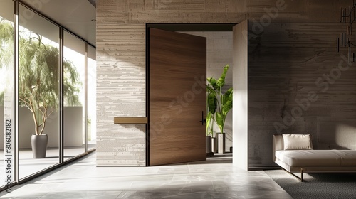 Modern pivot door with a wood veneer finish and recessed handle