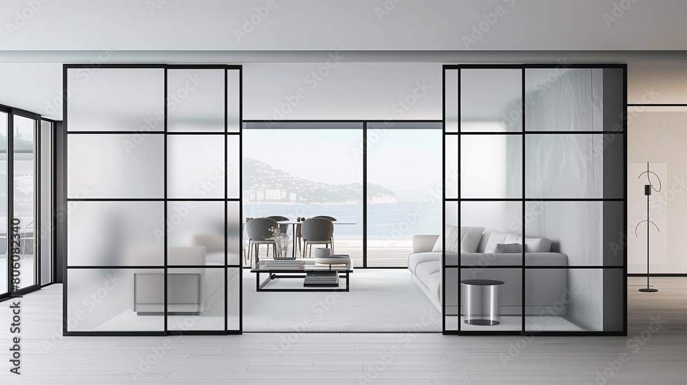 Modern sliding doors with black metal frames and clear or frosted glass panels Modern sliding doors with black metal frames and clear or frosted glass panels