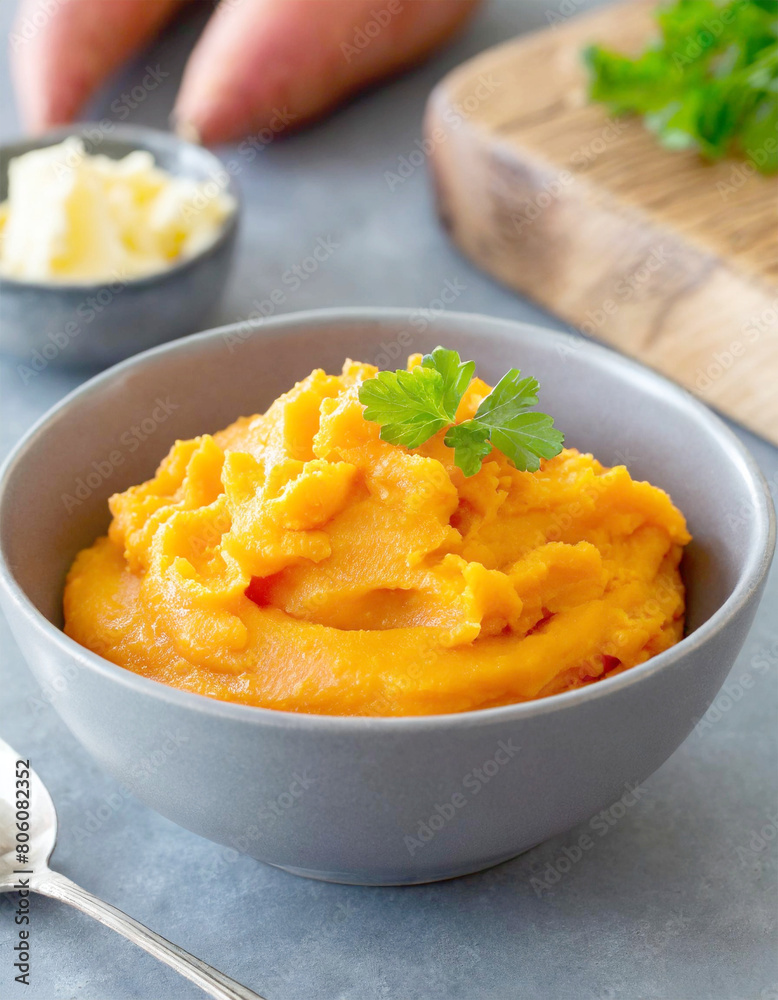 Buttery mashed sweet yams or carrots in a grey bowl. Buttery mashed sweet yams or carrots in a grey bowl.