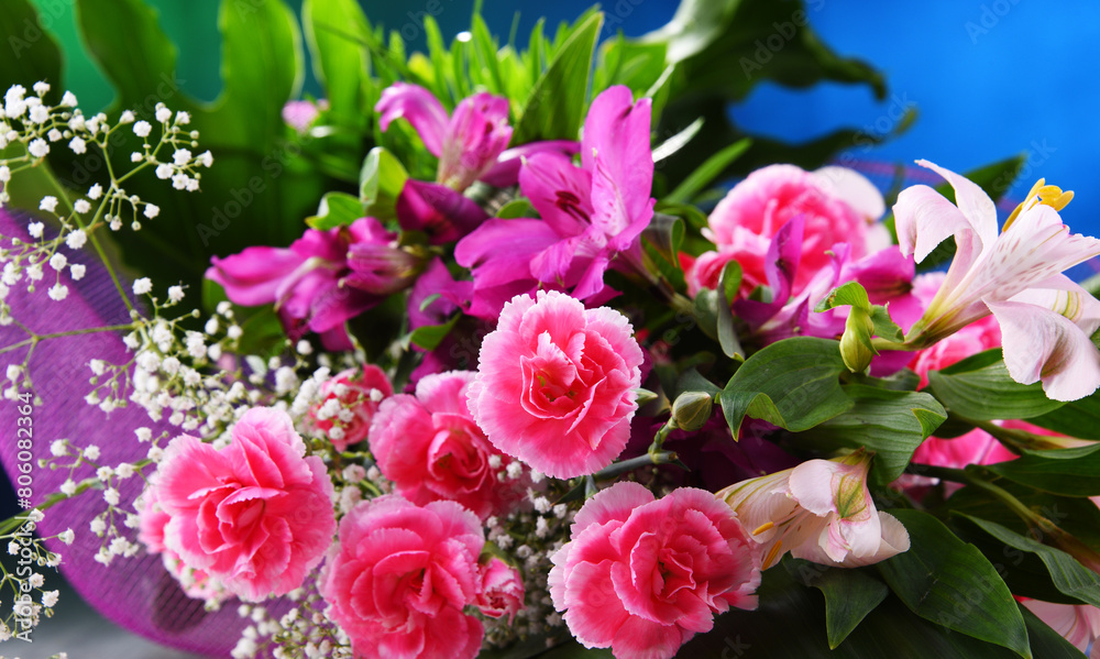 Composition with bouquet of freshly cut flowers