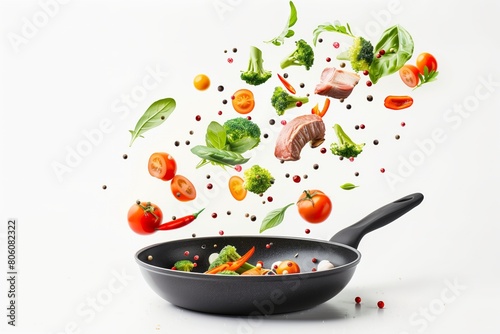 Floating ingredients over a frying pan
