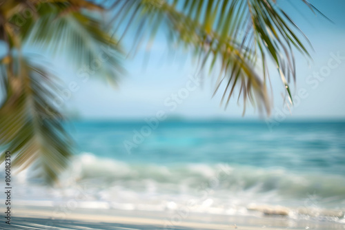 Blurred panoramic view of a tropical beach Sea background with empty space for some messages. Blur sea with some component like palm  cloud  sand  sky  beach  holiday  hammock background.