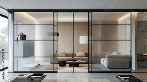 Modern sliding doors with black metal frames and clear or frosted glass panels